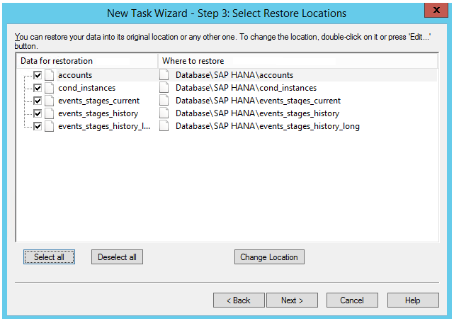 Select Restore Locations for SAP HANA Backup