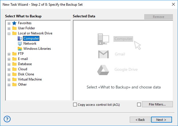 Specify Backup Set: Local or Network Drive
