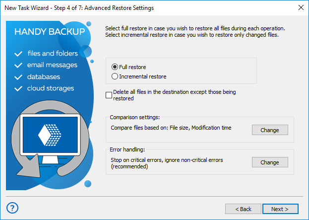 Selecting type of restore and advanced settings