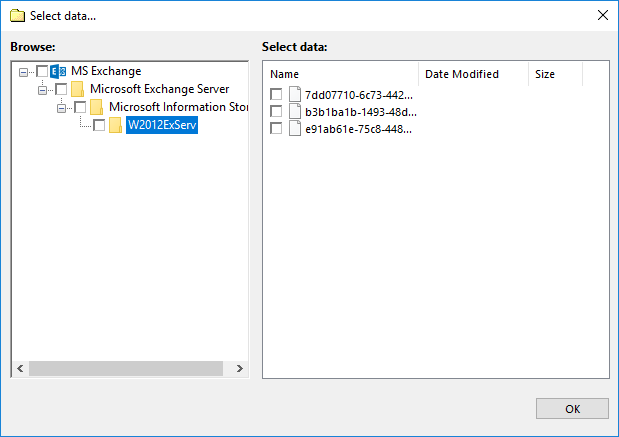 Microsoft Exchange Server Backup Dialog for Selecting Data