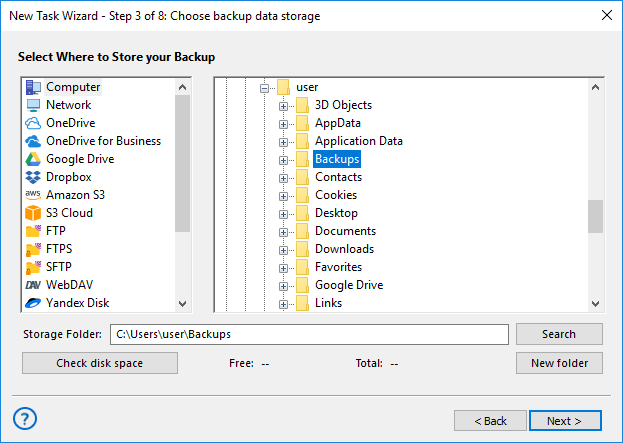 Selecting the Computer plug-in as storage destination