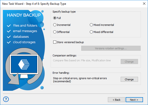 Selecting type of backup and advanced settings