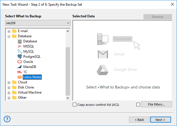 Select Lotus Notes for Backup