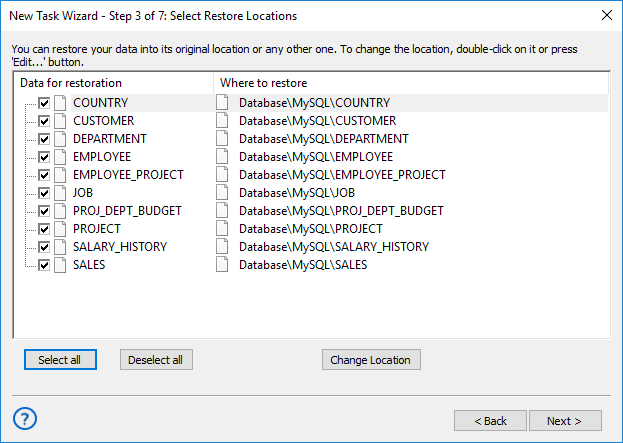 Selecting restore locations for backups made with the Database plug-in