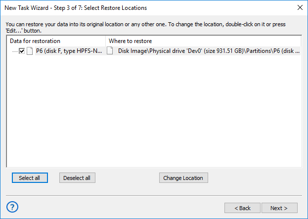 Selecting restore locations for backups made with the Disk Image plug-in