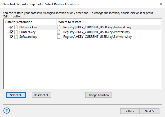 Selecting restore locations for backups made with the Registry plug-in