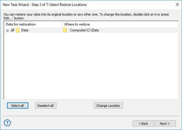 Step 3 - choosing a location for restoring backups in advanced mode