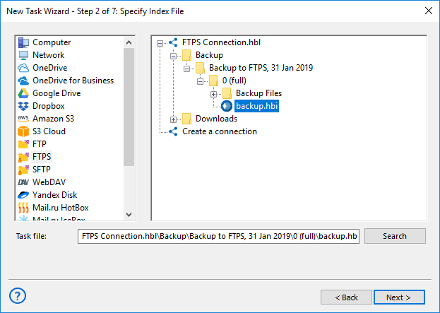 Selecting index file to restore a backup from FTPS