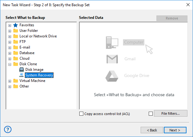Select a System Recovery data source
