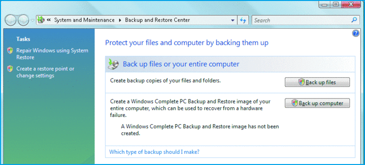 Windows Vista Backup and Restore Built-in Tool