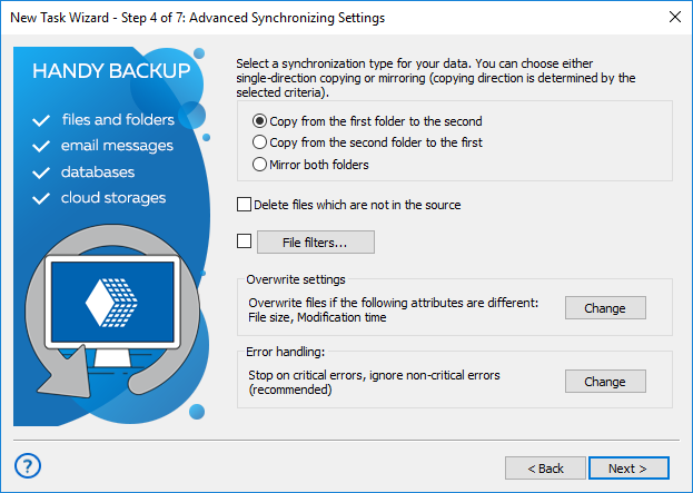 Selecting type of synchronization and advanced settings