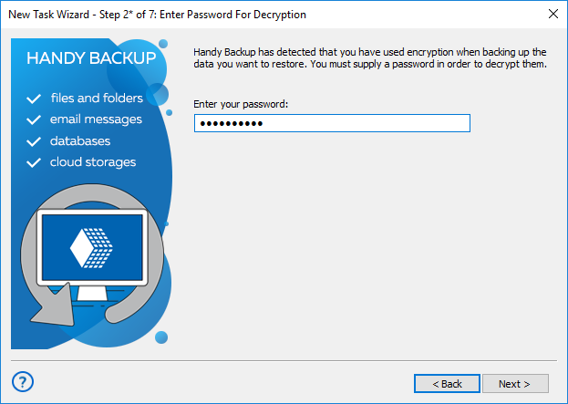 Step 2 * - enter the password for the encrypted backup in advanced mode