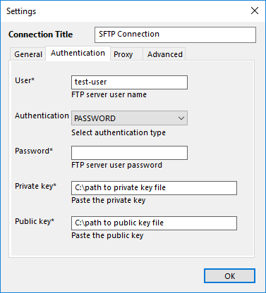 Configuration of the SFTP plug-in: Authentication