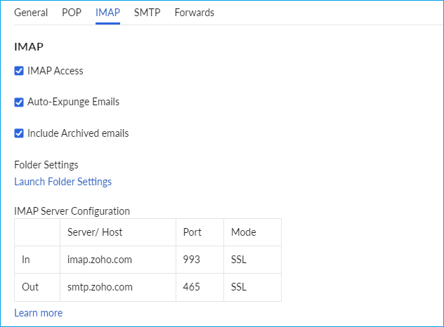 IMAP Settings in Zoho Mail