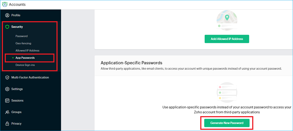 Generate New App Password in Zoho Security Settings